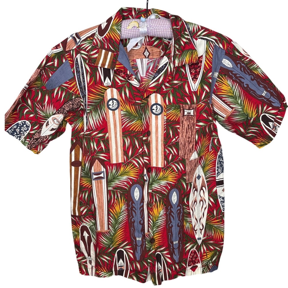 RJC Boys Red Surfboard Print Hawaiian‎ Aloha Shirt 14 Excellent Retro Beachwear